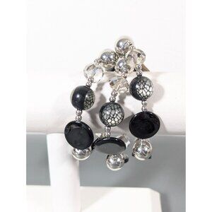 Erica Lyons Set of‎ 3 Black Silver Tone Faceted Glass Stretch Bracelets 7"